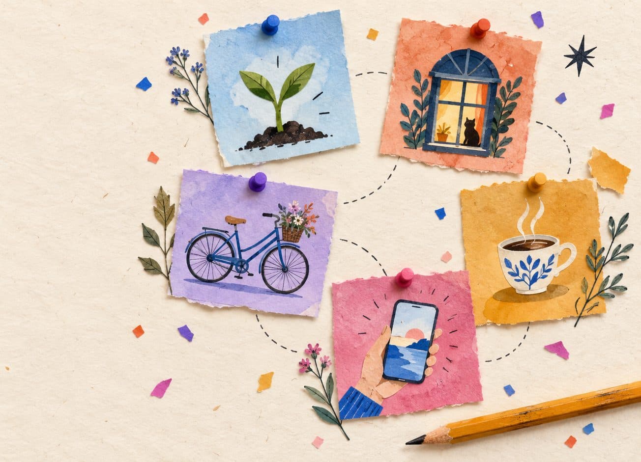 Five pinned paper cards, each with a small painted scene: a sprout, a lit window, a bicycle, a phone, and a cup of coffee