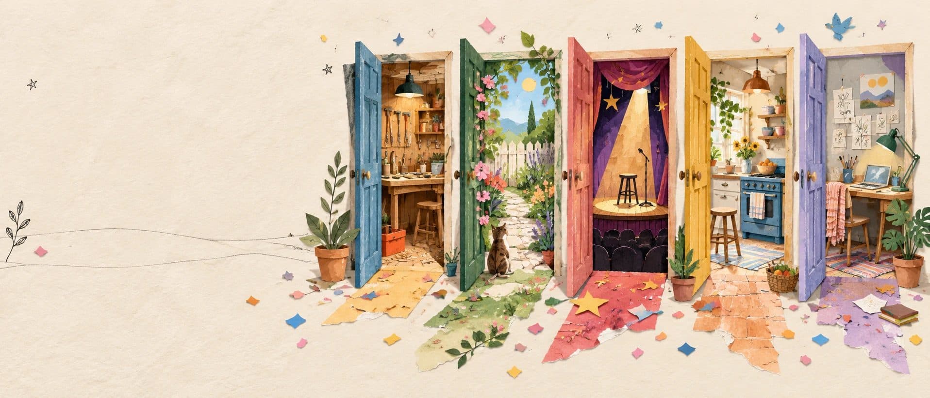 Five open paper doors, each leading to a different place to work: a workshop, a garden, a stage, a kitchen, and a desk