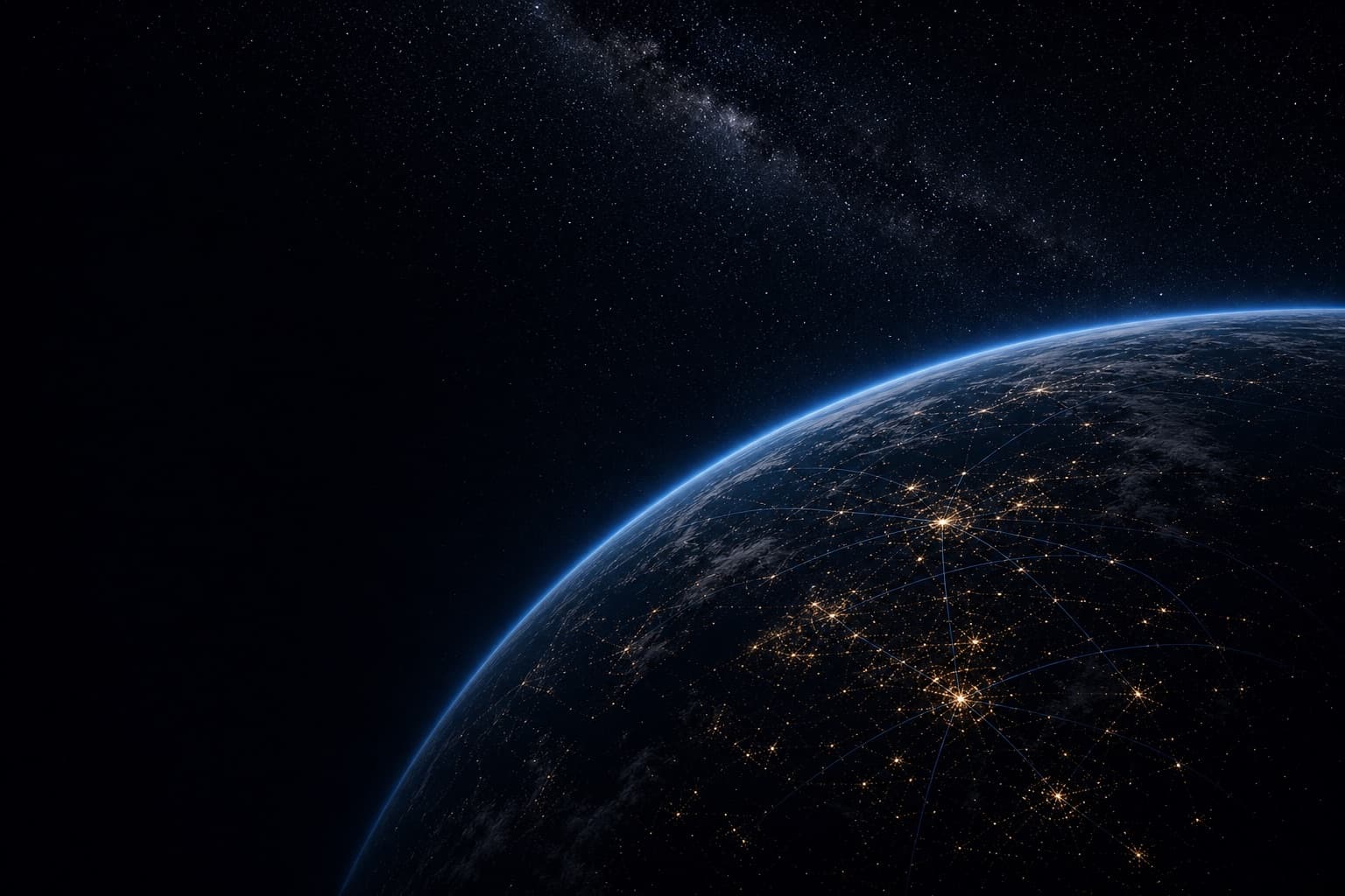Earth at night beneath a dense field of stars